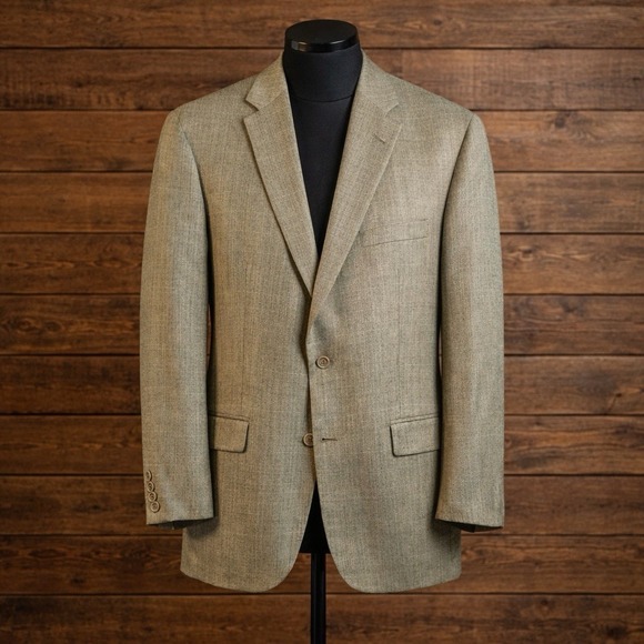 Tommy Hilfiger Blazer 42L Silk/Wool Herringbone Glen Plaid Greenish Beige Jacket